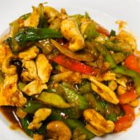 43. Pad Cashew · Sauteed with bell peppers, cashew nuts, celery, onions and scallions in a chili paste sauce....