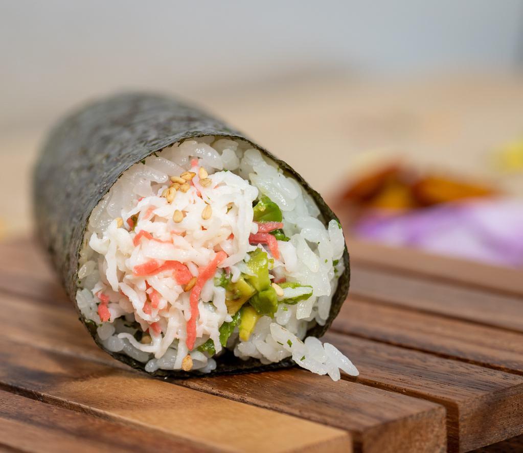 California Hand Roll · A classic made the Poke House way! Creamy crab salad rolled with cucumber, avocado, and sesame seeds.