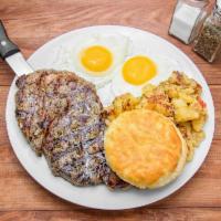 Steak & Eggs · 10 oz. ribeye, eggs any style, and your choice of home fries or grits.