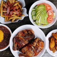 Combo La Chacra · Whole chicken, salad, salchipapas, maduros, rice & beans