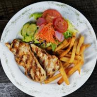 Pechuga de Pollo · Grilled chicken breast, fries and salad.