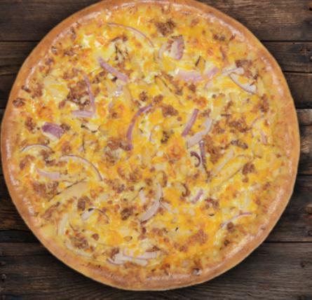 BBQ Chicken Pizza · Grilled chicken, bacon bits, red onions, cheddar cheese and sweet BBQ sauce.