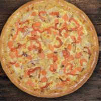 Bianco Gourmet Pizza · Grilled chicken, roasted red peppers, red onions, tomato and garlic butter.