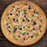 Veggie Pizza · Fresh mushrooms, black olives, green peppers, red onions, tomatoes and marinara. Vegetarian.
