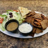 Gyro Beef&Lamp Platter · Seasoned grilled beef and lamb slices served with  Greek salad, pita bread, tzatziki and cho...
