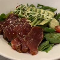 Tuna Tataki Salad · Seared pepper blackened tuna, spring mix, tomatoes, avocado, cucumber, asparagus with Japane...