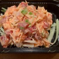 Spicy Sashimi Salad · Tuna Salmon White Fish and Kani, with Tobiko scallions, Cucumber spicy mayo 