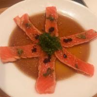 Salmon Tataki · Thin slice of seared salmon w scallion tobiko panzu sauce
