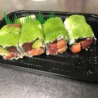 26. Wasabi Roll · Salmon Tuna Avocado inside， top with wasabi Sauce and green Tobiko 