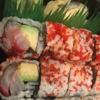 Red Snapper Avocado Roll · Chili sauce and tobiko.