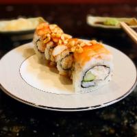 Ichi Roll · Crab salad and cucumber inside 
Topped with shrimp, peanuts, and sweet chili sauce

