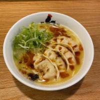 Spicy Gyoza Paitan · Our original straight noodle in our homemade Chicken Paitan & Vege Soup topped with spicy se...