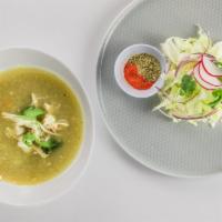 Pozole Soup · Interactive traditional green  Mexican stew with chicken, spice it up how you like.
