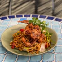 Soft Shell Crab Garlic Noodles · Two tecate beer battered soft shell crab with garlic noodles