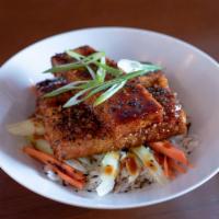 Heat Seeker Tofu · Sweet and spicy fried tofu with steamed rice, julienned carrots and celery.