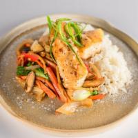 Coconut Curry Whitefish · Pan seared cod (12oz), mixed vegetables and steamed rice.