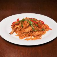 Spicy Chicken & Noodles · Chicken & noodles sauteed with peppers, onions, carrots, Chinese black bean sauce.