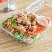 Salmon Garden Salad · Lettuce, tomatoes, onions, green peppers, eggs, cucumbers.