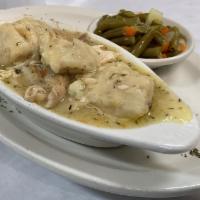 Chicken & Dumplings · Chef Betty's Delicious Homemade Chicken and Dumplings with choice of 1 side