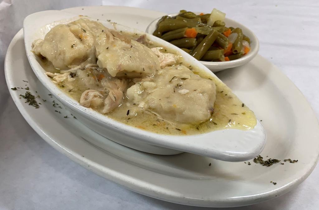 Chicken & Dumplings · Chef Betty's Delicious Homemade Chicken and Dumplings with choice of 1 side