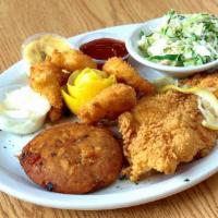 Seafood Platter · Farm Raised 6oz Catfish Fillet, 4 Jumbo Battered Shrimps, 1 Salmon Croquette