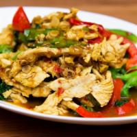 Ta Khai · Choice of meat stir-fried with lemongrass, basil leaves, red and green peppers and curry pow...