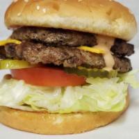 #3. 1/2 lb Bacon and Cheese Combo · Two quarter pound patties with American cheese, bacon, pickle, lettuce and tomato and homema...