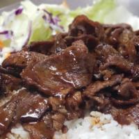 Beef Teriyaki Combo · Grilled marinated beef on a bed of steamed white rice and drizzled in homemade teriyaki sauc...