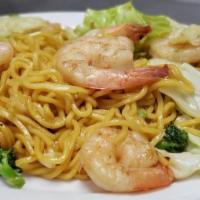 Shrimp Yakisoba Combo · Grilled shrimp on a bed of tender egg noodles and steamed vegetables. Comes with a medium fo...