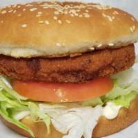 Chicken Sandwich · Deep fried chicken patty, lettuce, tomato and mayo served on a toasted sesame seed bun.