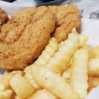 Chicken Strips · Four deep fried chicken pieces. Served with your choice of a small crinkle cut fry or a side...