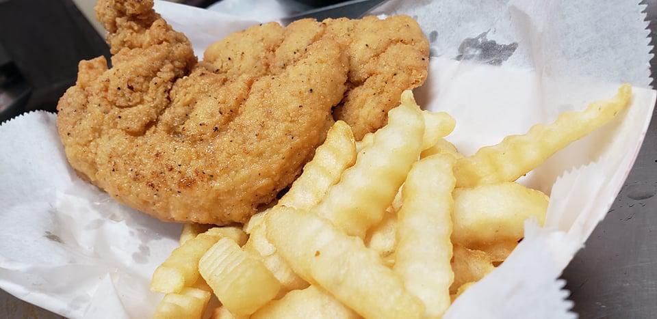 Chicken Strips · Four deep fried chicken pieces. Served with your choice of a small crinkle cut fry or a side salad.
