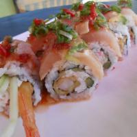Yummy Albacore Sushi Roll · Tempura shrimp, crab, cucumber and asparagus topped with albacore, avocado and green onion i...