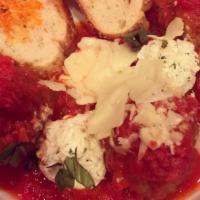Sergio’s Meatballs · Scoop of ricotta, shaved Parmesan, served in a san Marzano sauce.