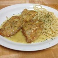 Chicken Francese · Chicken sauteed in lemon butter and white wine over pasta.