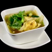 Wonton Soup · Savory dumplings filled with shrimp and chicken in a light broth soup topped with green onio...