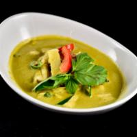 Green Curry* · Hot green curry paste in coconut milk, bamboo shoot and basil. Medium spicy.