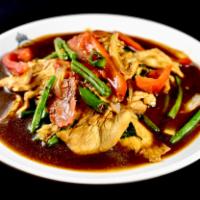 Spicy Basil Ka-Pow** · A famous Thai dish stir fried with green bean, bell pepper, onions and basil with garlic chi...
