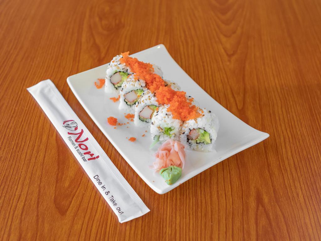 Californian Roll · Imitation crab, cucumber, and avocado inside with smelt eggs on top.