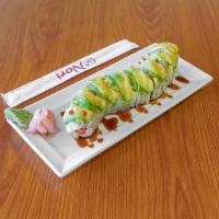 Caterpillar Roll · Shrimp tempura and spicy tuna inside, avocado, and eel sauce on top.