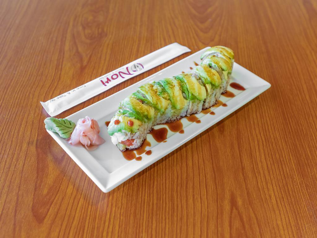 Caterpillar Roll · Shrimp tempura and spicy tuna inside, avocado, and eel sauce on top.