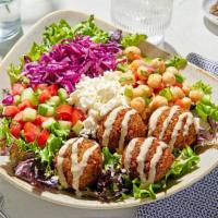 Vegetarian Bowl · Housemade falafel served on top of a bed of lettuce with lemon vinaigrette, Greek cabbage, f...