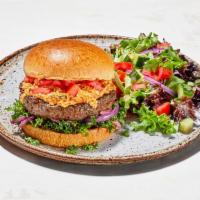 Beyond Burger · Plant-based burger, grilled red onion, kale cabbage medley, diced tomato, spicy feta.  620 c...