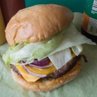 1/3 lb. Cheeseburger · Includes ketchup, mayo, tomato, onion, lettuce, pickle chips and cheese.