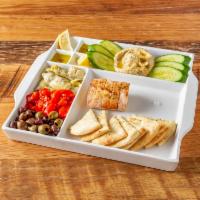 Mediterranean Board · House made hummus, marinated olives, artichokes, roasted red peppers, and pita.