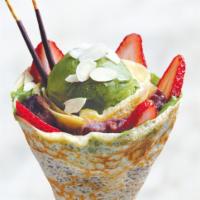 13. Azuki Berries Crepe · Fresh strawberries, matcha green tea gelato, azuki beans, whipped yogurt, matcha custard cre...