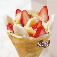 17. Strawberry Banana Crepe · Fresh strawberries, banana, whipped yogurt, custard cream, crushed almonds and pistachios.