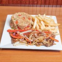 Carne Asada · Tender steak with green peppers, red peppers, and onions served with 2 sides.