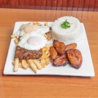 Bistec a lo Pobre · Tender steal, fried plantains, fried eggs. Served over french fries and rice.
