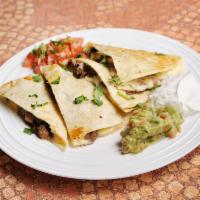 Olympica · Extra large size quesadilla with meat and cheese. Served with pico salsa, sour cream and gua...